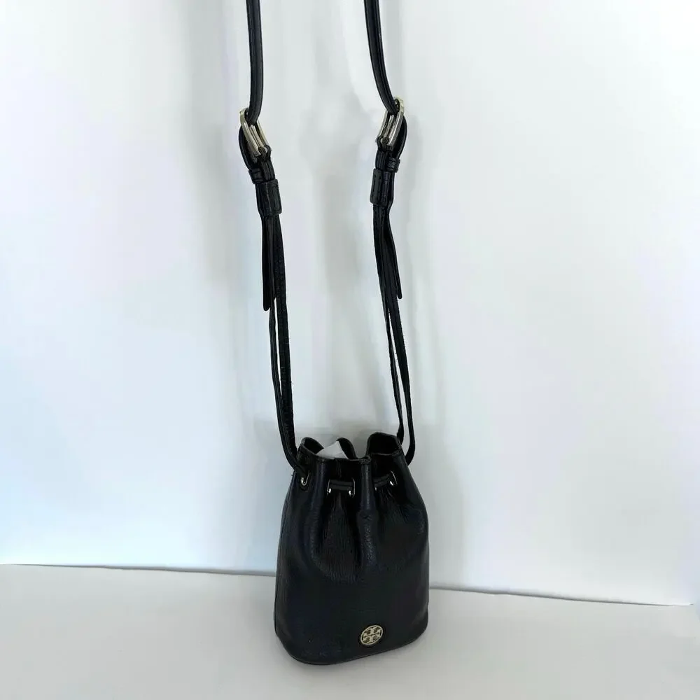 Tory Burch Mini Drawstring Mini Bucket Bag Crossbody Black Leather READ